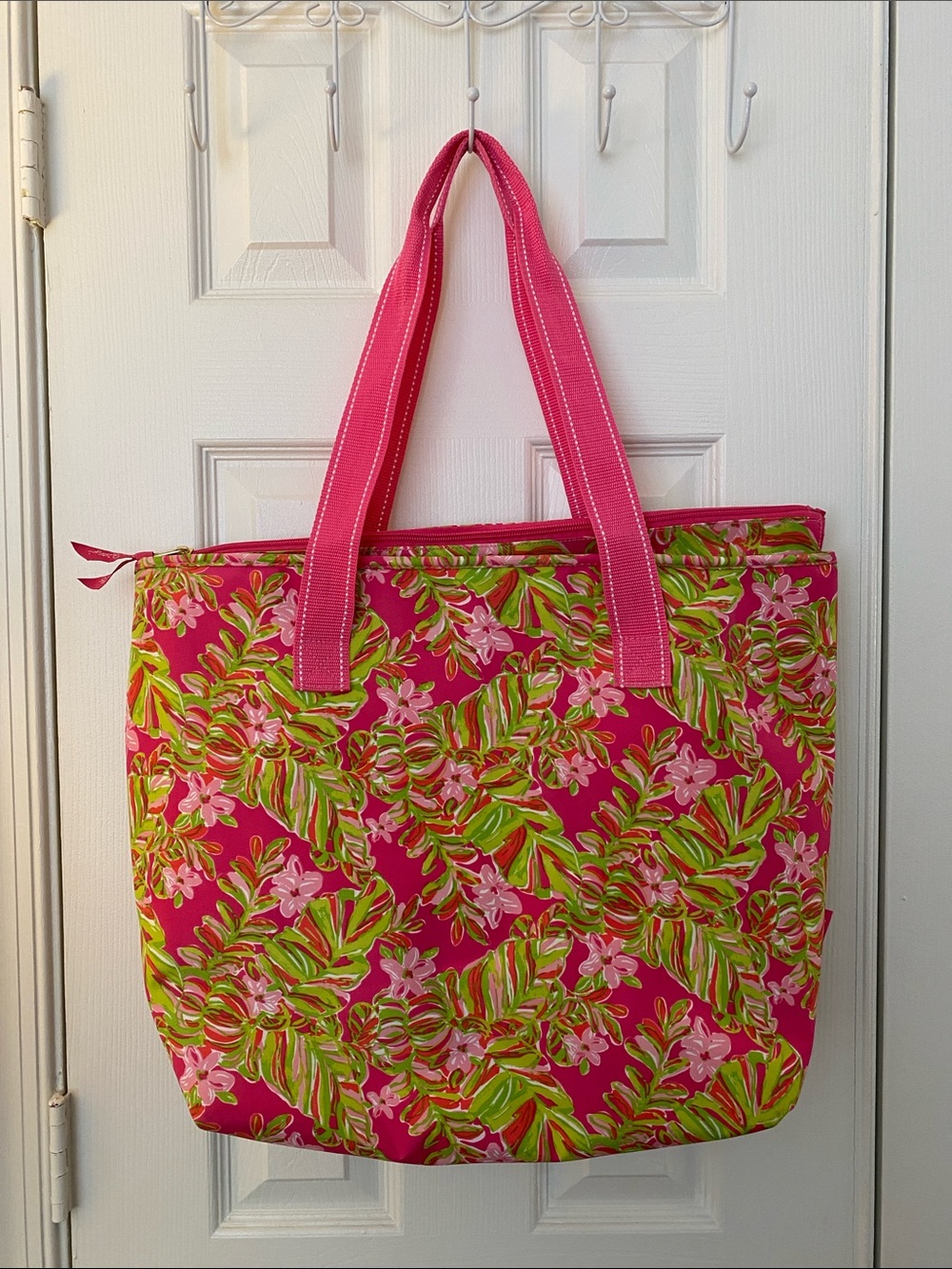 Lilly Pulitzer Insulated Bright Pink Floral Tote with Green Leaf Print